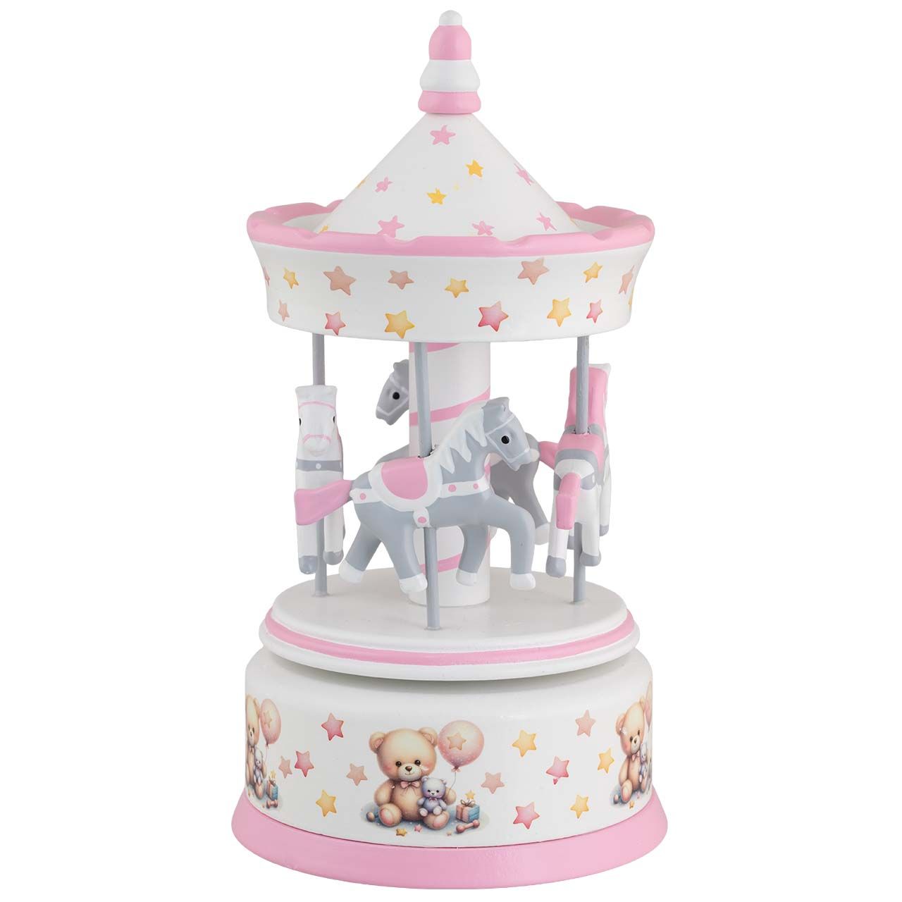 GIOSTRA CARILLON IN LEGNO DECORO ORSETTI TETTO STELLINE ROSA